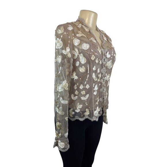 JS Boutique Women's Beige Sheer & Embroidered Long Sleeve Cami Set Sz 10 - Picture 2 of 11
